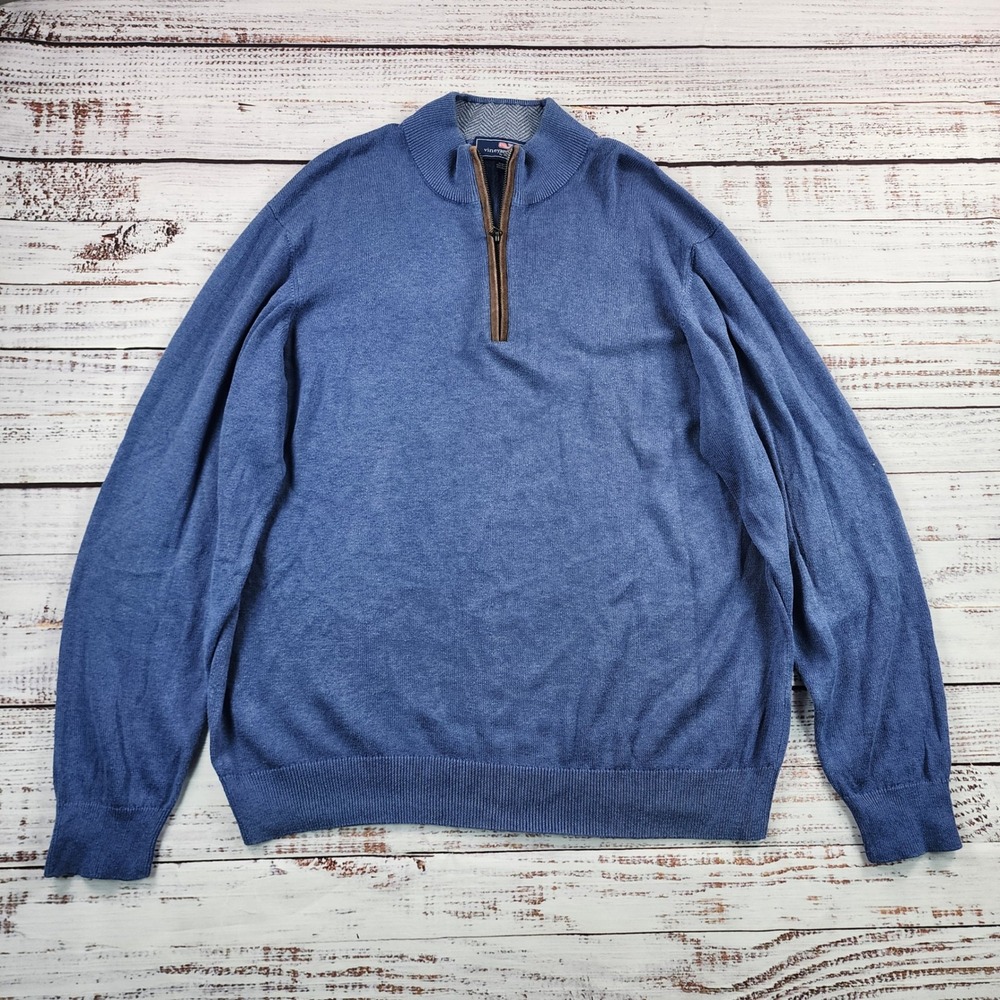 Vineyard Vines Mens XL Blue Pima Cotton Baby Alpaca Quarter Zip Elbow‎ Patch